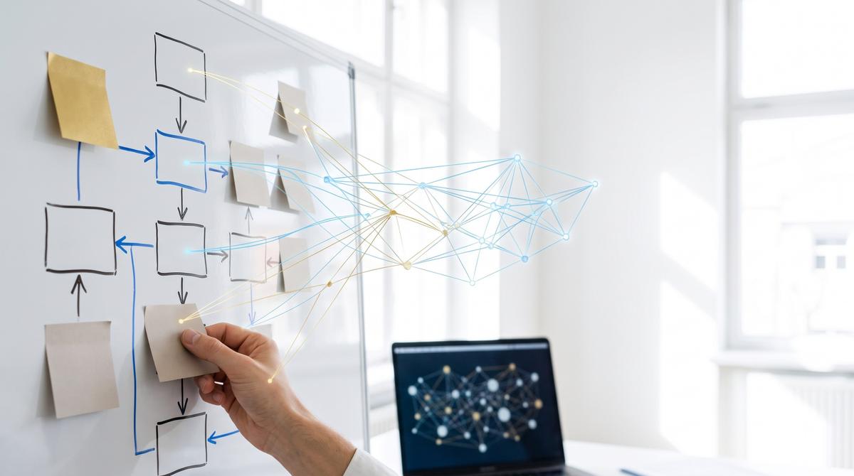 Lavagna bianca con la mappa dei processi di un'azienda e una rete luminosa di nodi che rappresenta l'intelligenza artificiale che legge la mappa