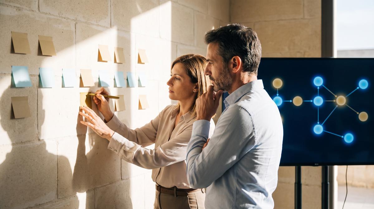 Due professionisti davanti a una parete di post-it che compongono un flusso di lavoro, accanto a uno schermo con la stessa mappa dei processi in versione digitale