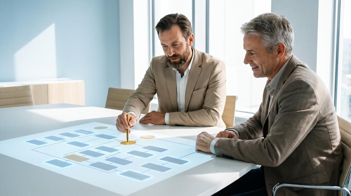 Consulente e imprenditore leggono insieme una mappa digitale dei processi aziendali, con le automazioni da fare evidenziate in oro